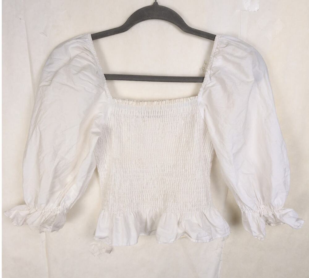 Zara white smocked off shoulder peasant top Sz Sm Boho Cottage Feminine Romantic